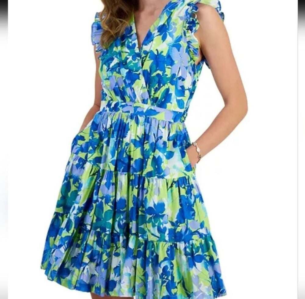 Taylor Floral Tiered Ruffle Dress Size S Blue Green V-Neck Mini